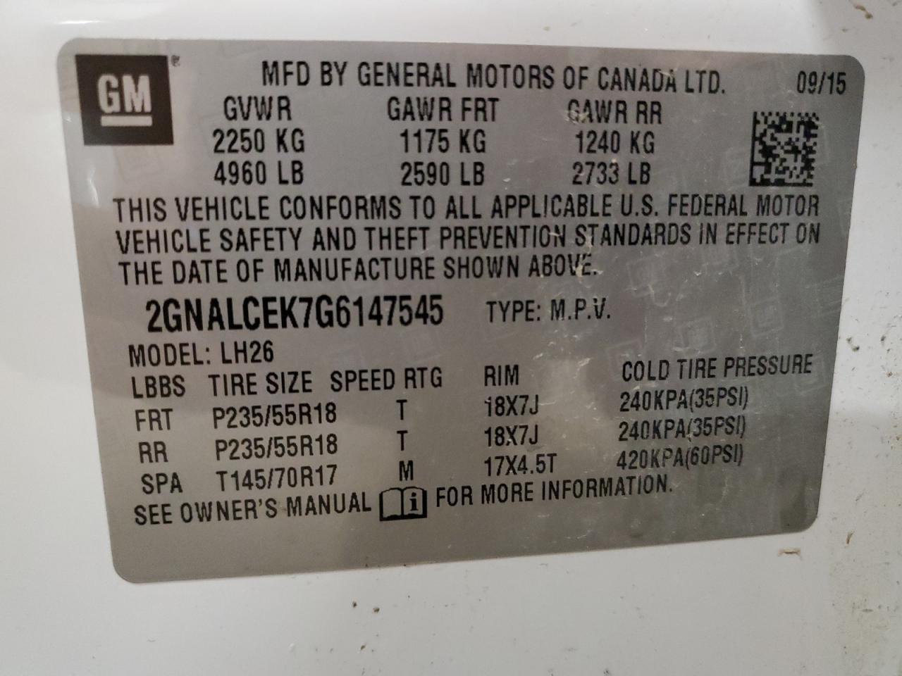 2GNALCEK7G6147545 2016 Chevrolet Equinox Lt