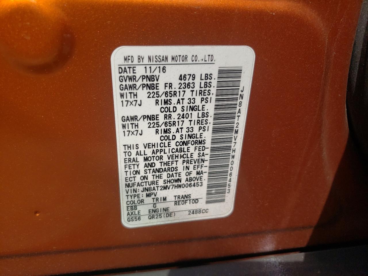 2017 Nissan Rogue S VIN: JN8AT2MV7HW006453 Lot: 64163574