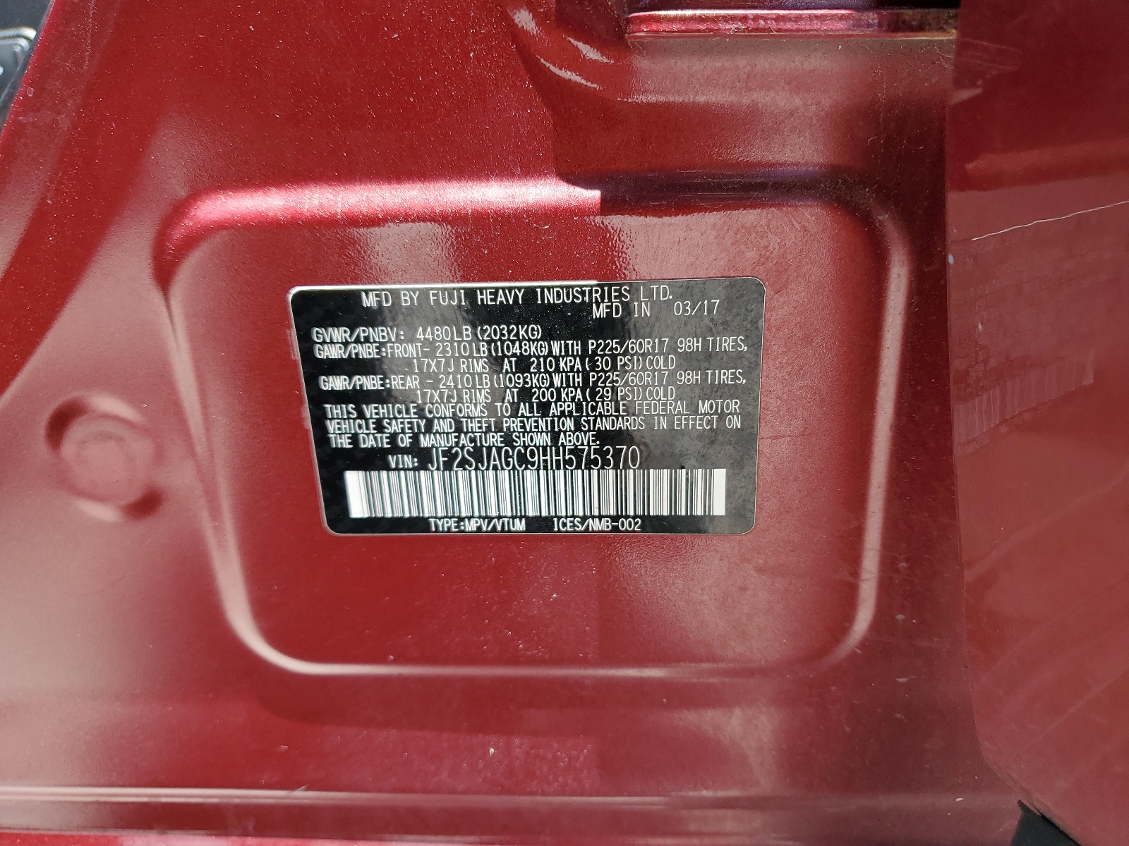 JF2SJAGC9HH575370 2017 Subaru Forester 2.5I Premium