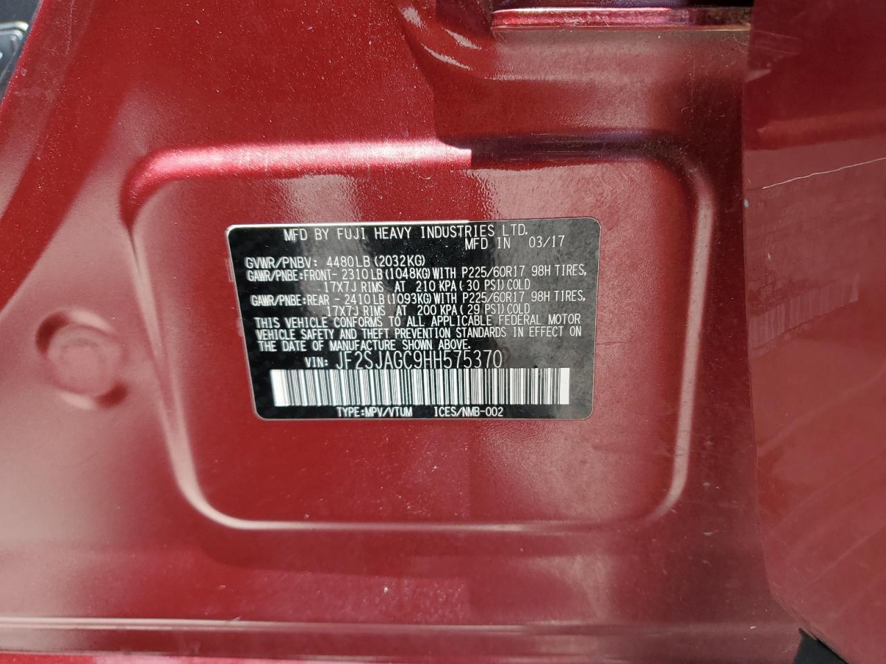 2017 Subaru Forester 2.5I Premium VIN: JF2SJAGC9HH575370 Lot: 63323004