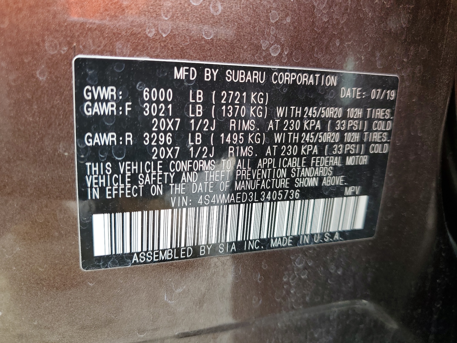 4S4WMAED3L3405736 2020 Subaru Ascent Premium