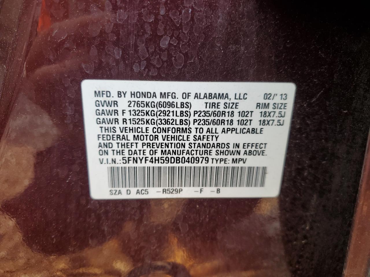 2013 Honda Pilot Exl VIN: 5FNYF4H59DB040979 Lot: 63610084