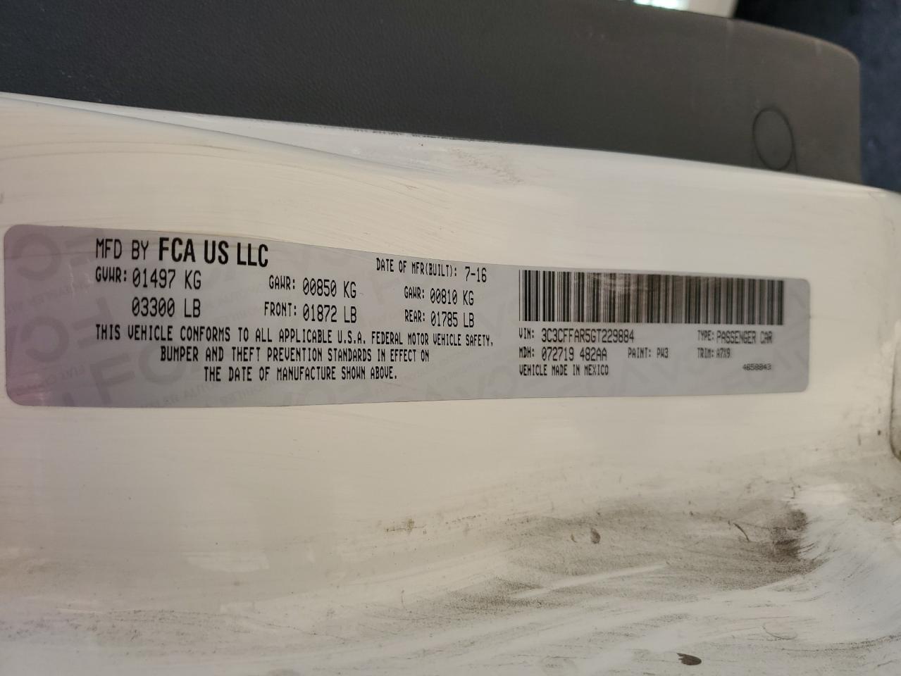 2016 Fiat 500 Pop VIN: 3C3CFFAR5GT229884 Lot: 62254554