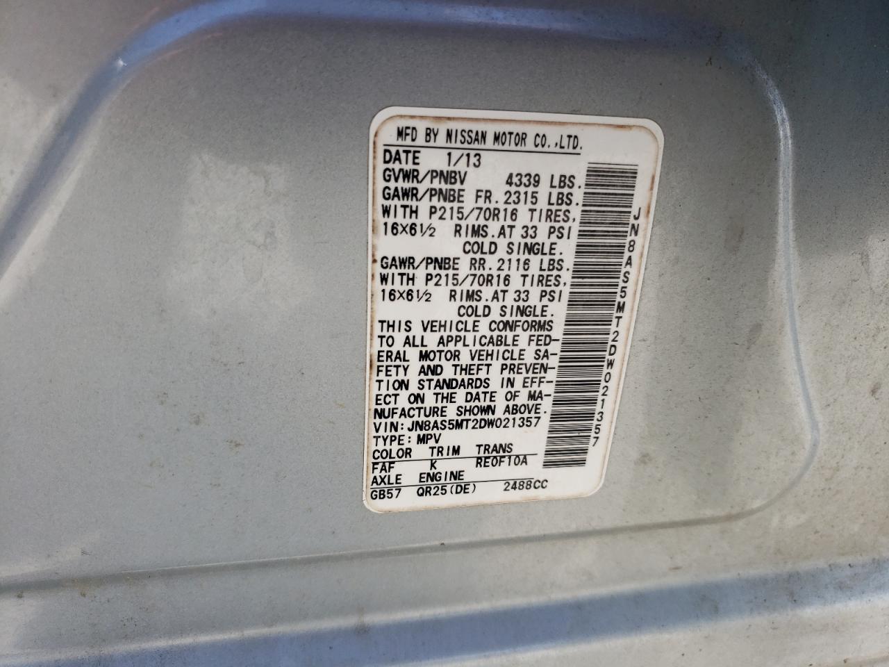 2013 Nissan Rogue S VIN: JN8AS5MT2DW021357 Lot: 60811754