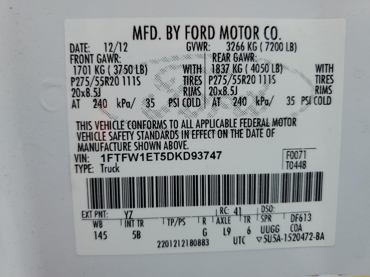 2013 Ford F150 Supercrew VIN: 1FTFW1ET5DKD93747 Lot: 62256214