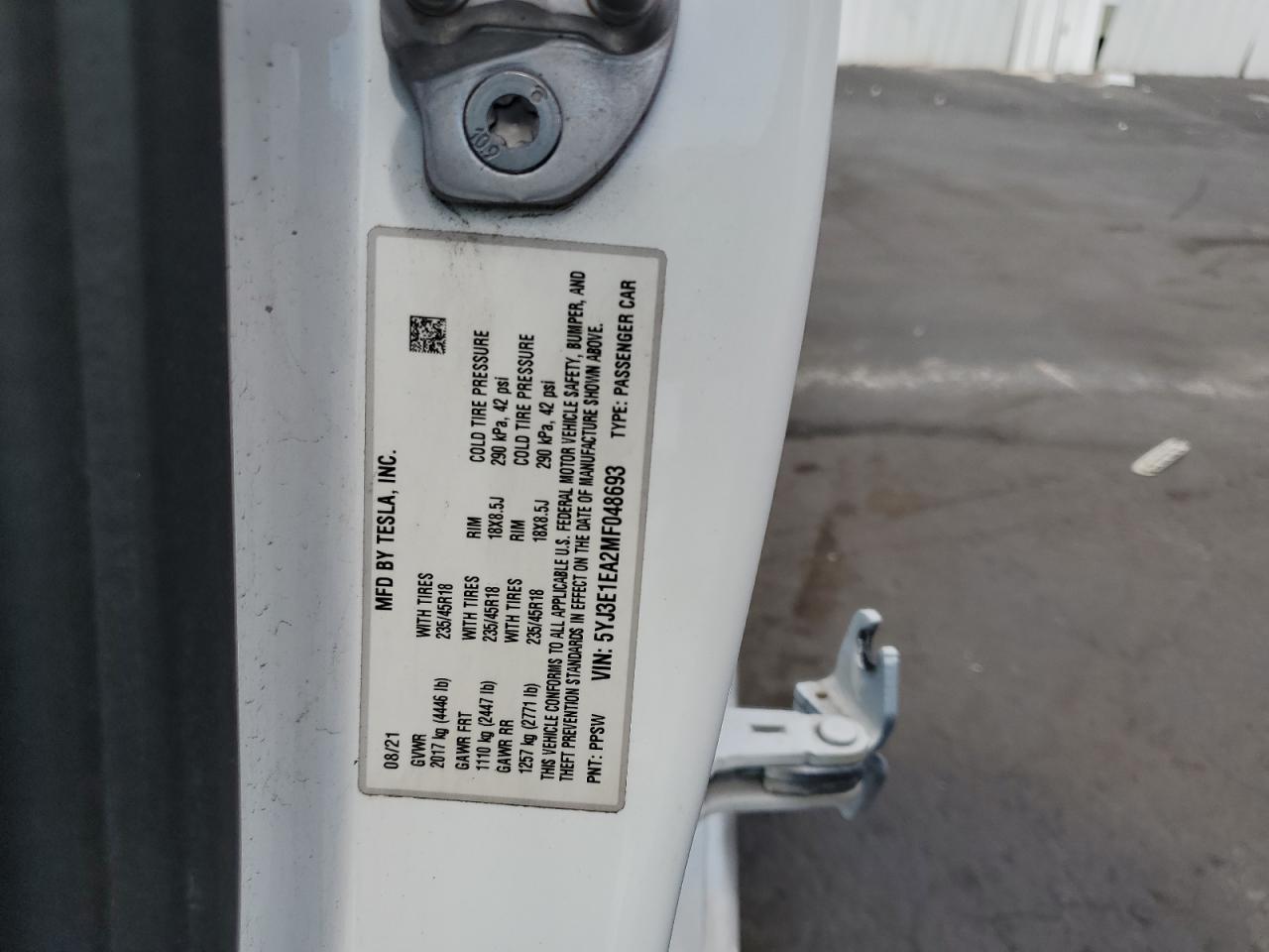 2021 Tesla Model 3 VIN: 5YJ3E1EA2MF048693 Lot: 64438224