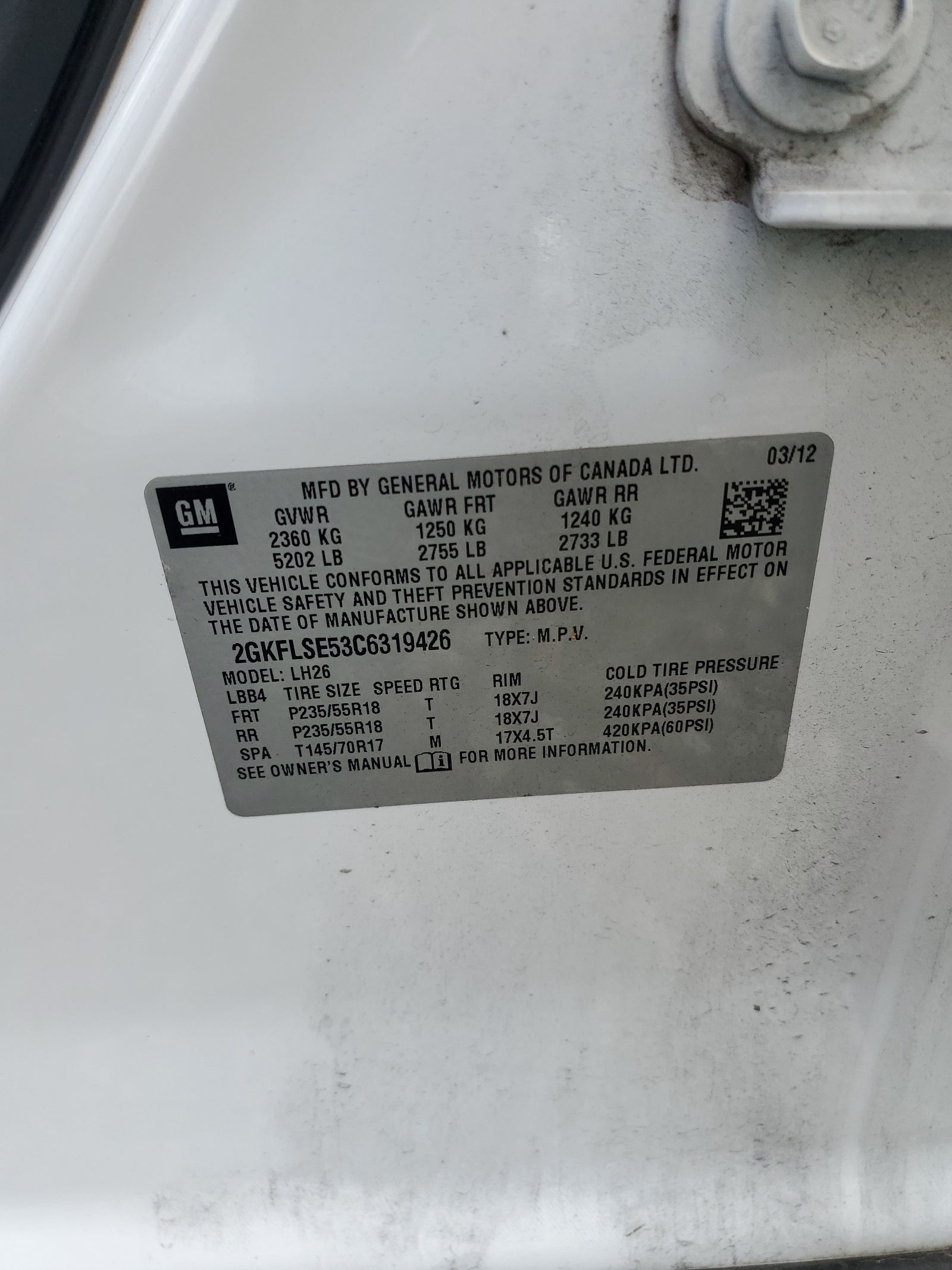 2GKFLSE53C6319426 2012 GMC Terrain Sle