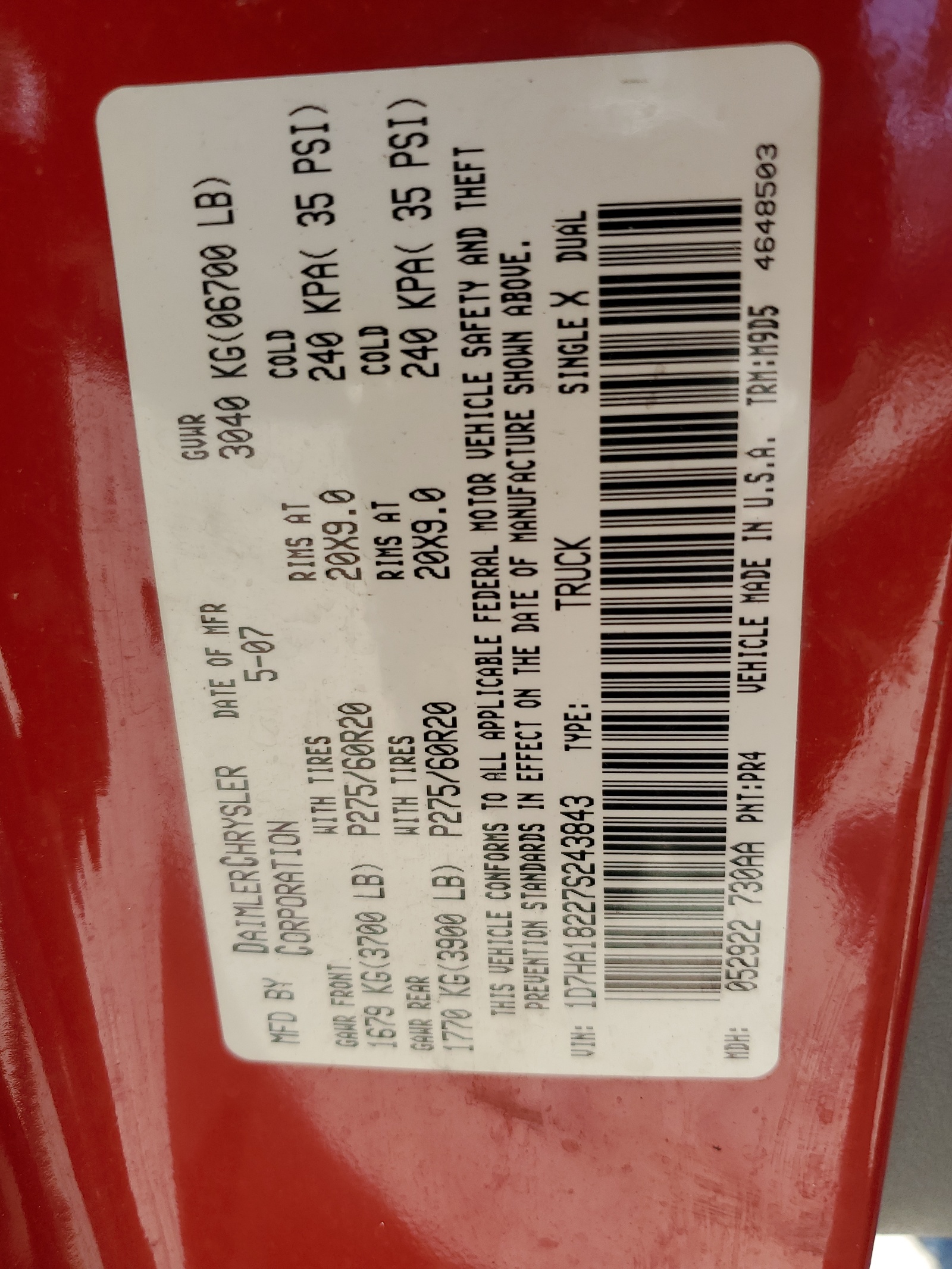 1D7HA18227S243843 2007 Dodge Ram 1500 St