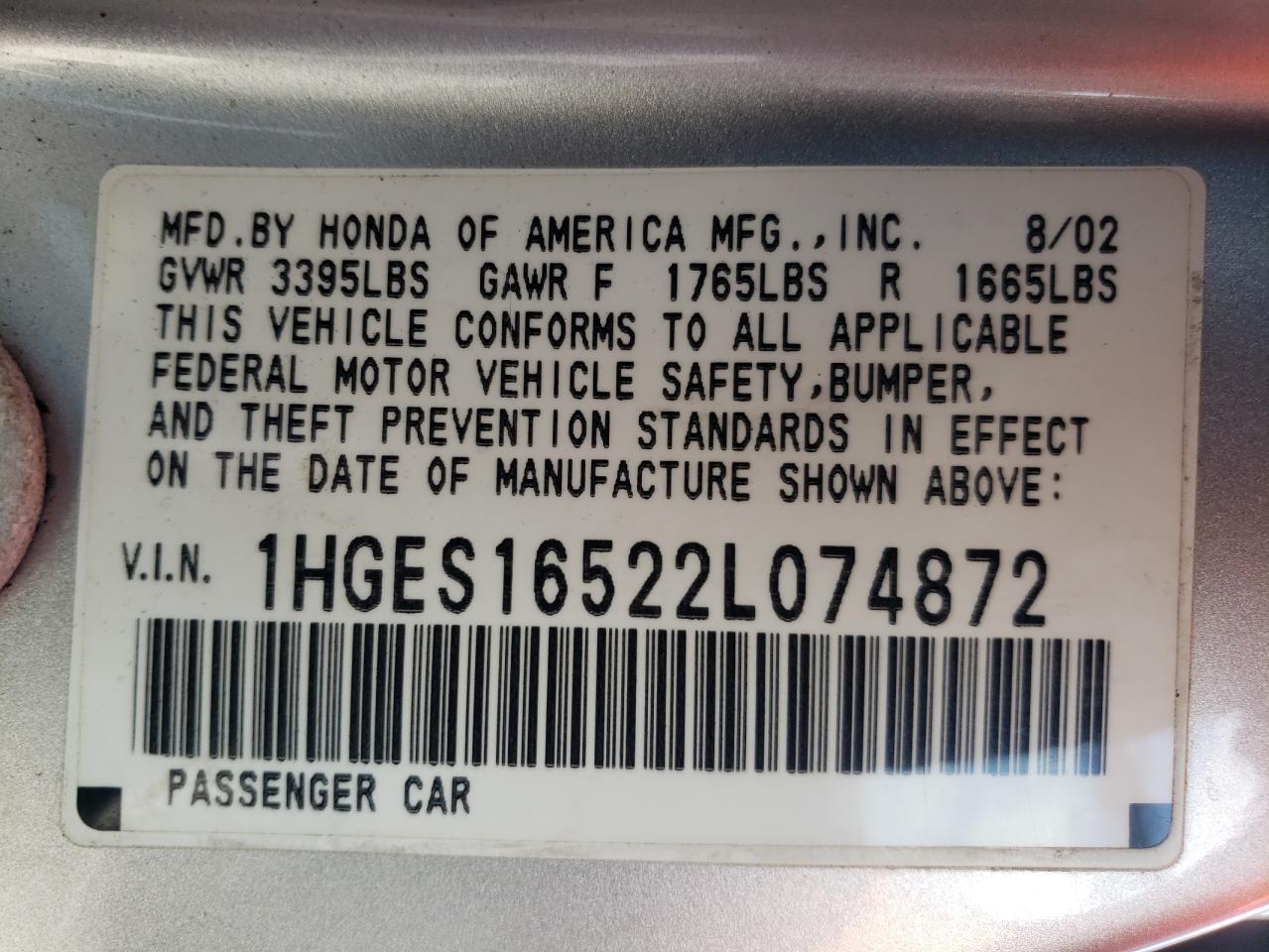 1HGES16522L074872 2002 Honda Civic Lx