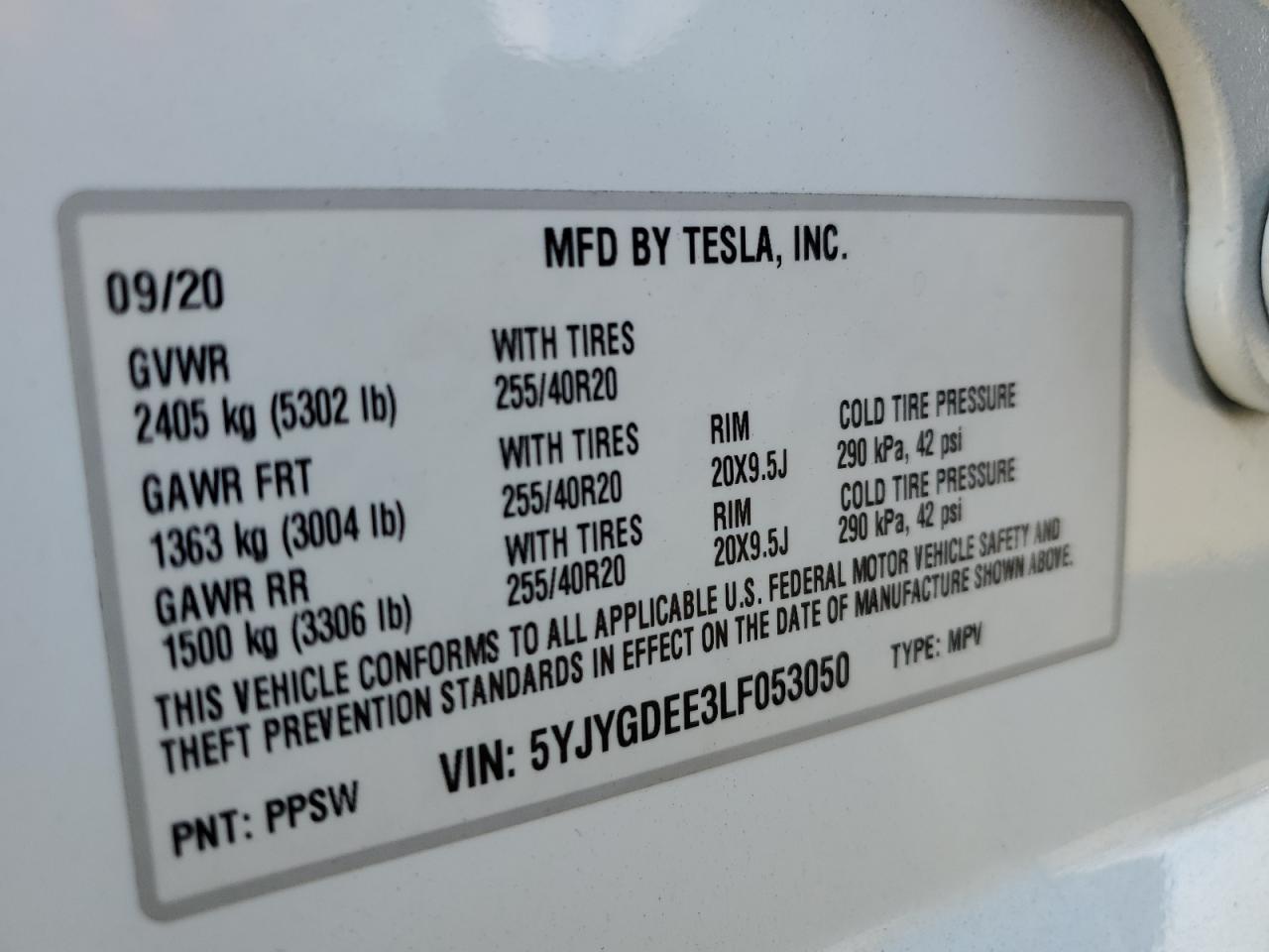 2020 Tesla Model Y VIN: 5YJYGDEE3LF053050 Lot: 61745654