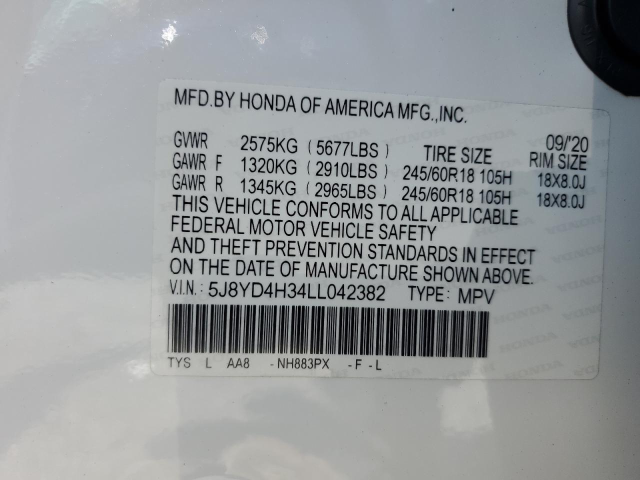 5J8YD4H34LL042382 2020 Acura Mdx