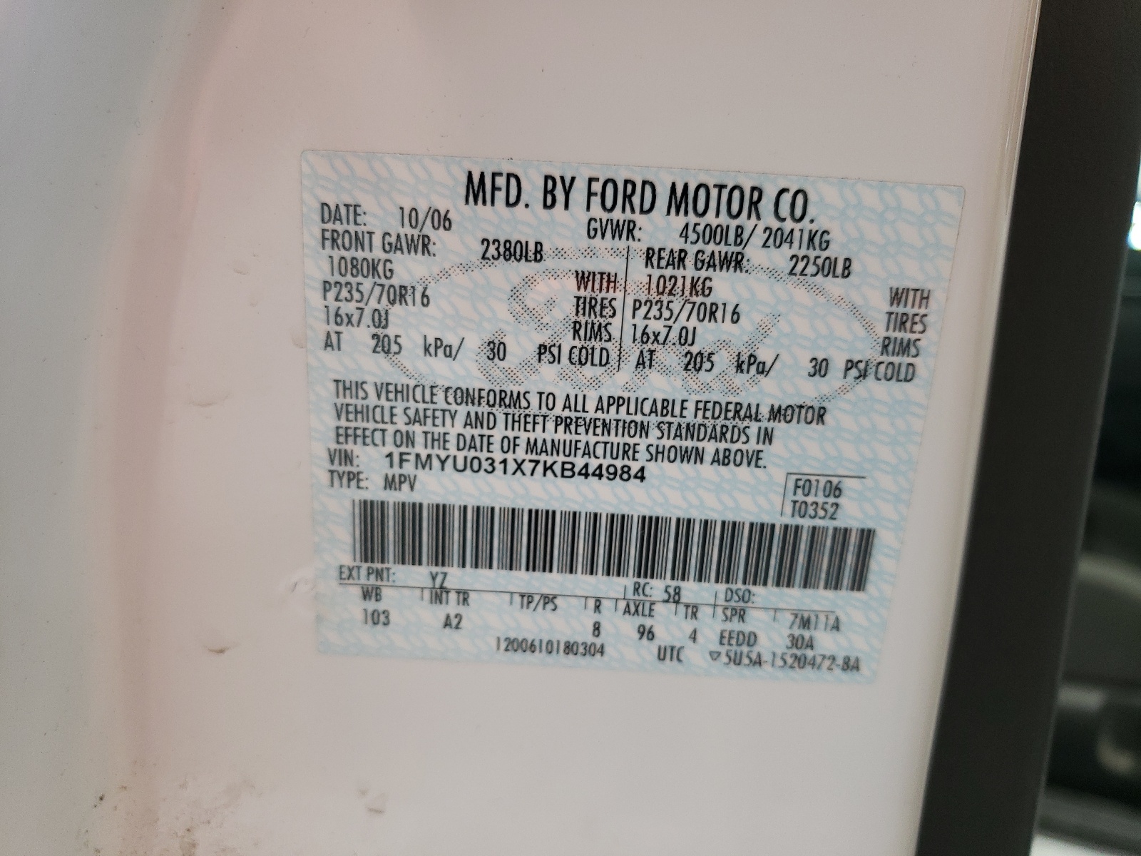 1FMYU031X7KB44984 2007 Ford Escape Xlt