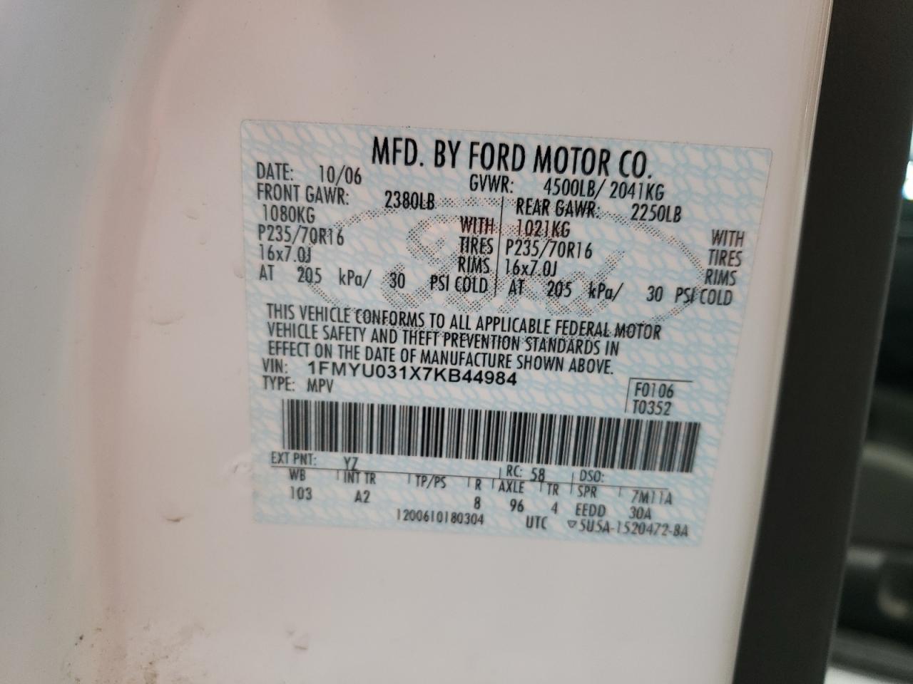 2007 Ford Escape Xlt VIN: 1FMYU031X7KB44984 Lot: 64244334