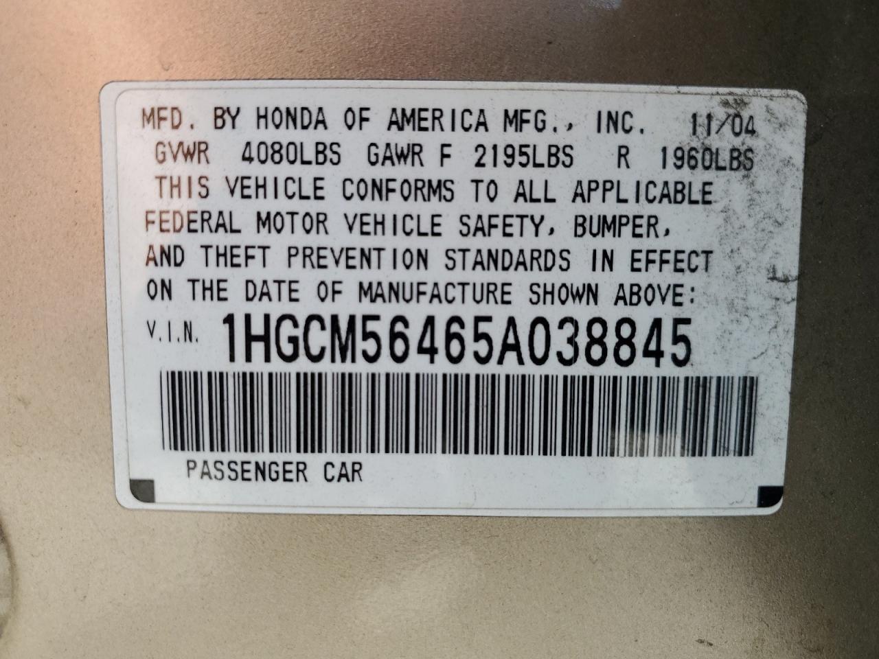 2005 Honda Accord Lx VIN: 1HGCM56465A038845 Lot: 64251454