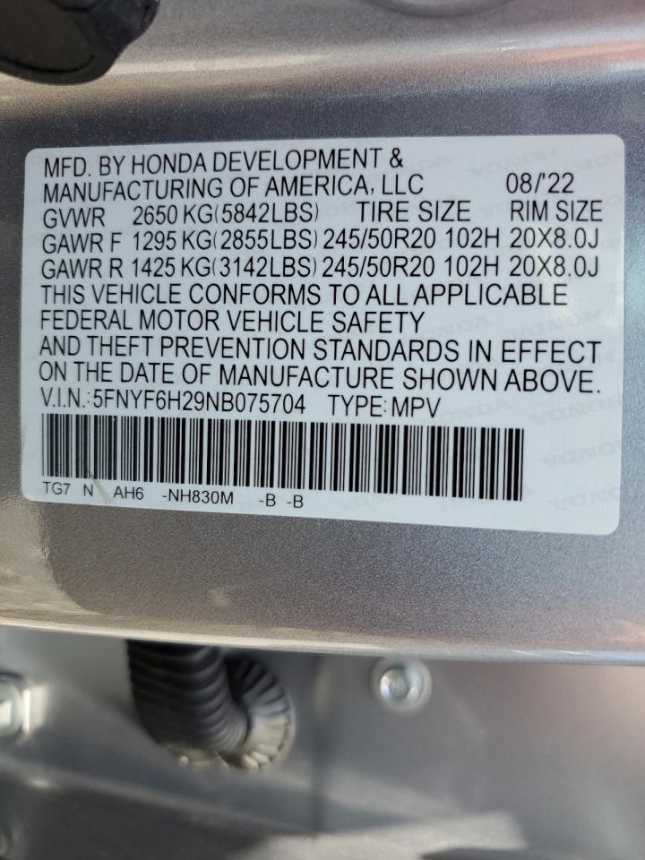 2022 Honda Pilot Se VIN: 5FNYF6H29NB075704 Lot: 63784464