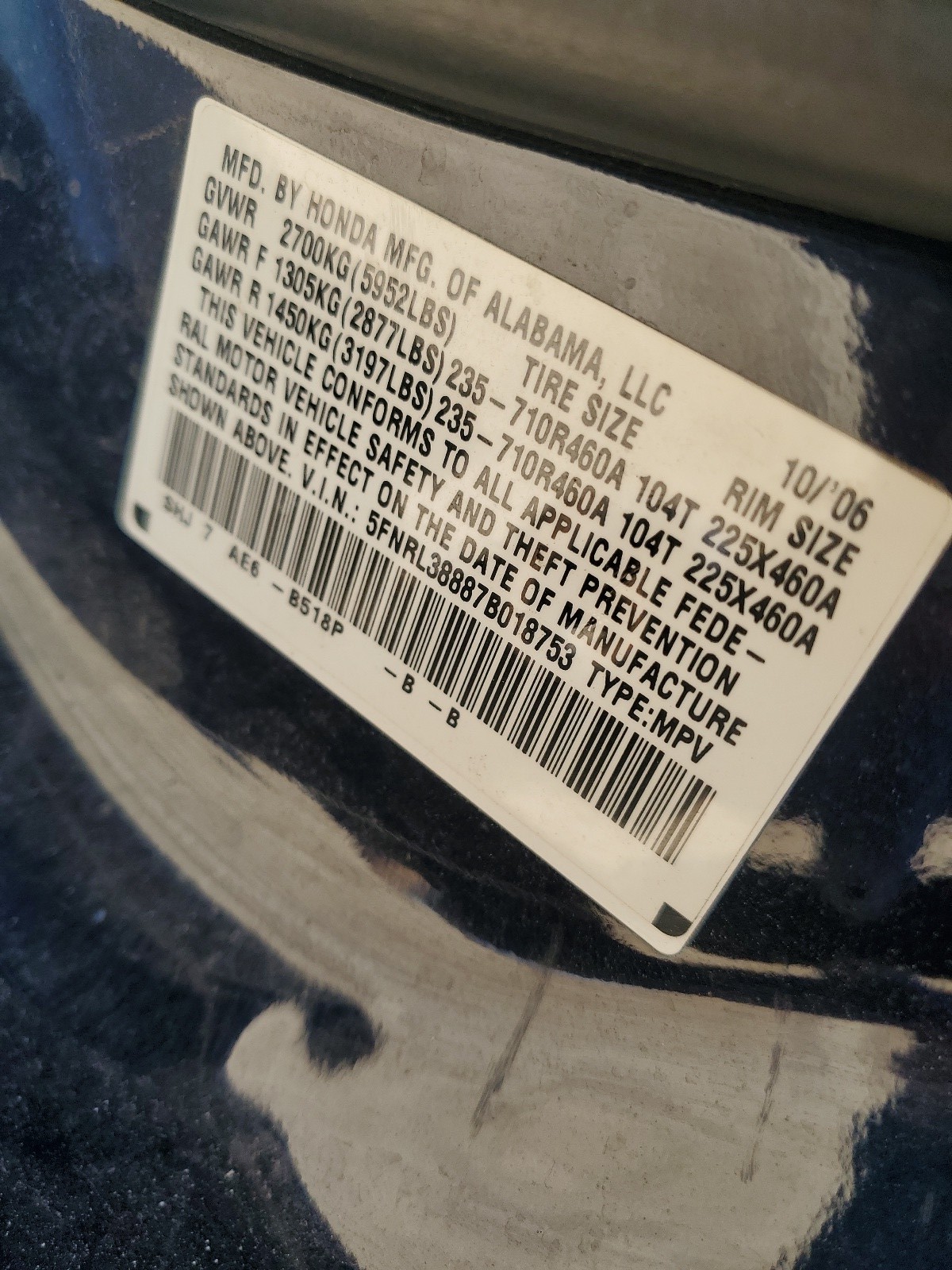 5FNRL38887B018753 2007 Honda Odyssey Touring