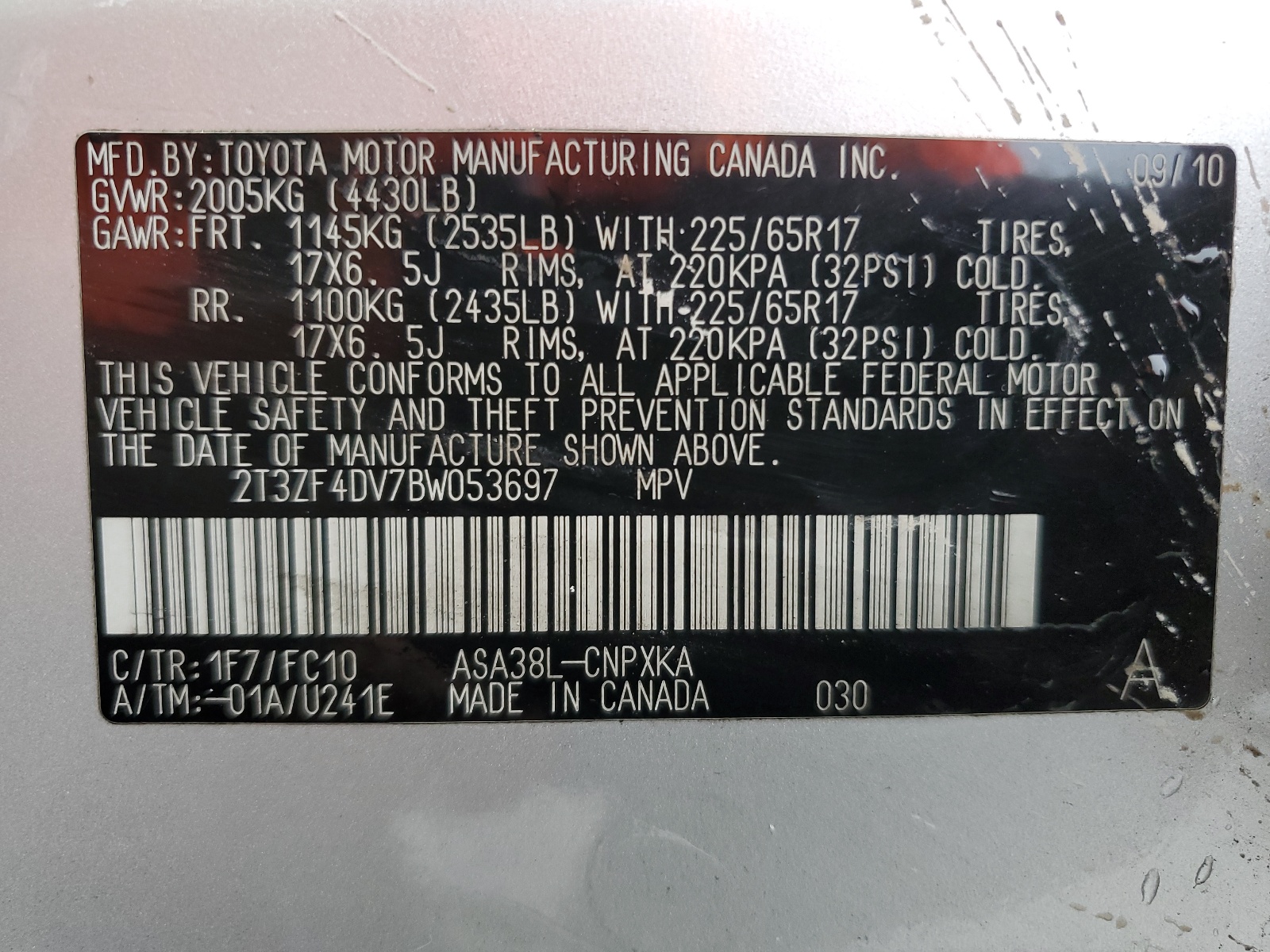 2T3ZF4DV7BW053697 2011 Toyota Rav4