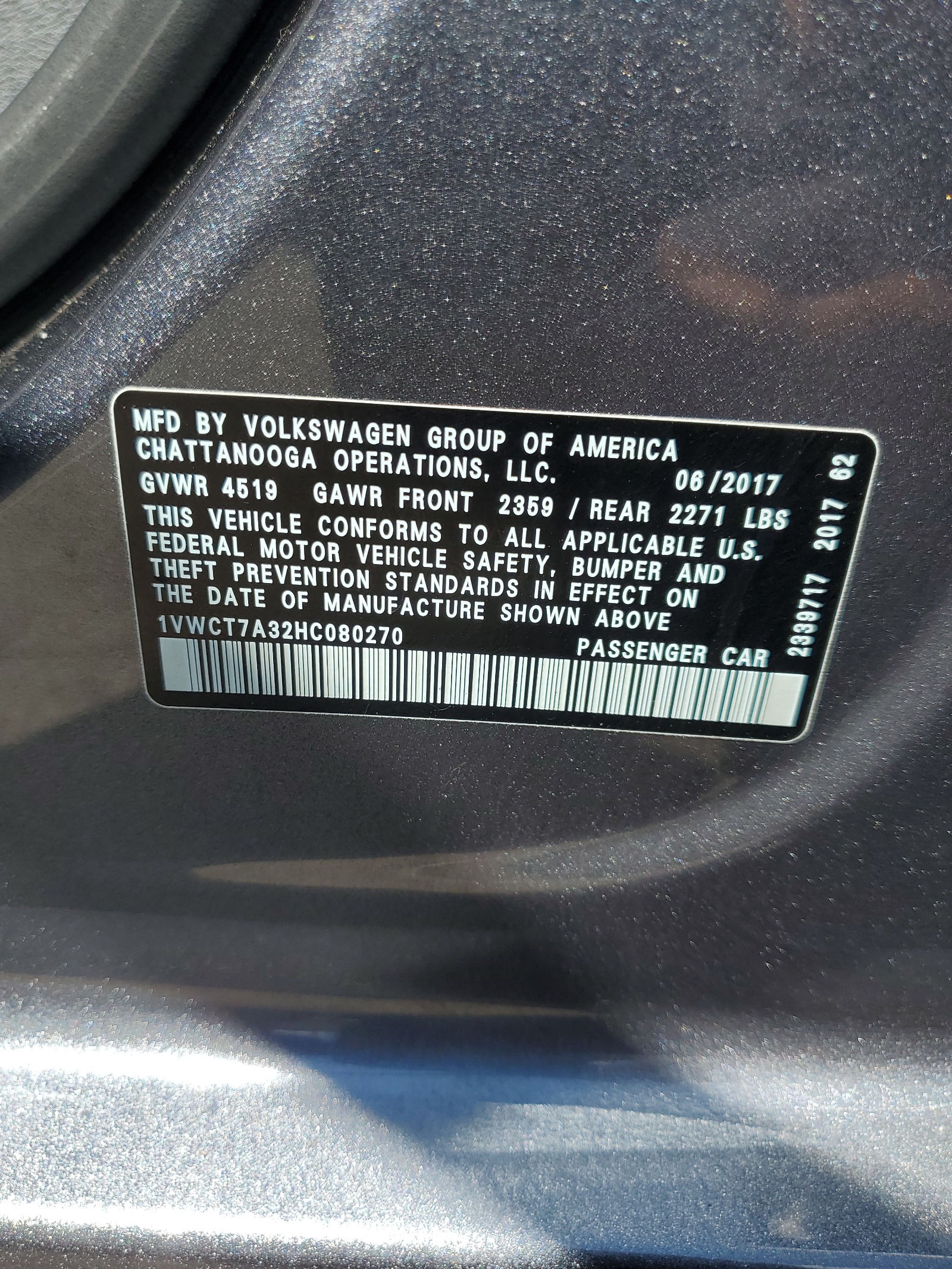 1VWCT7A32HC080270 2017 Volkswagen Passat Sel Premium