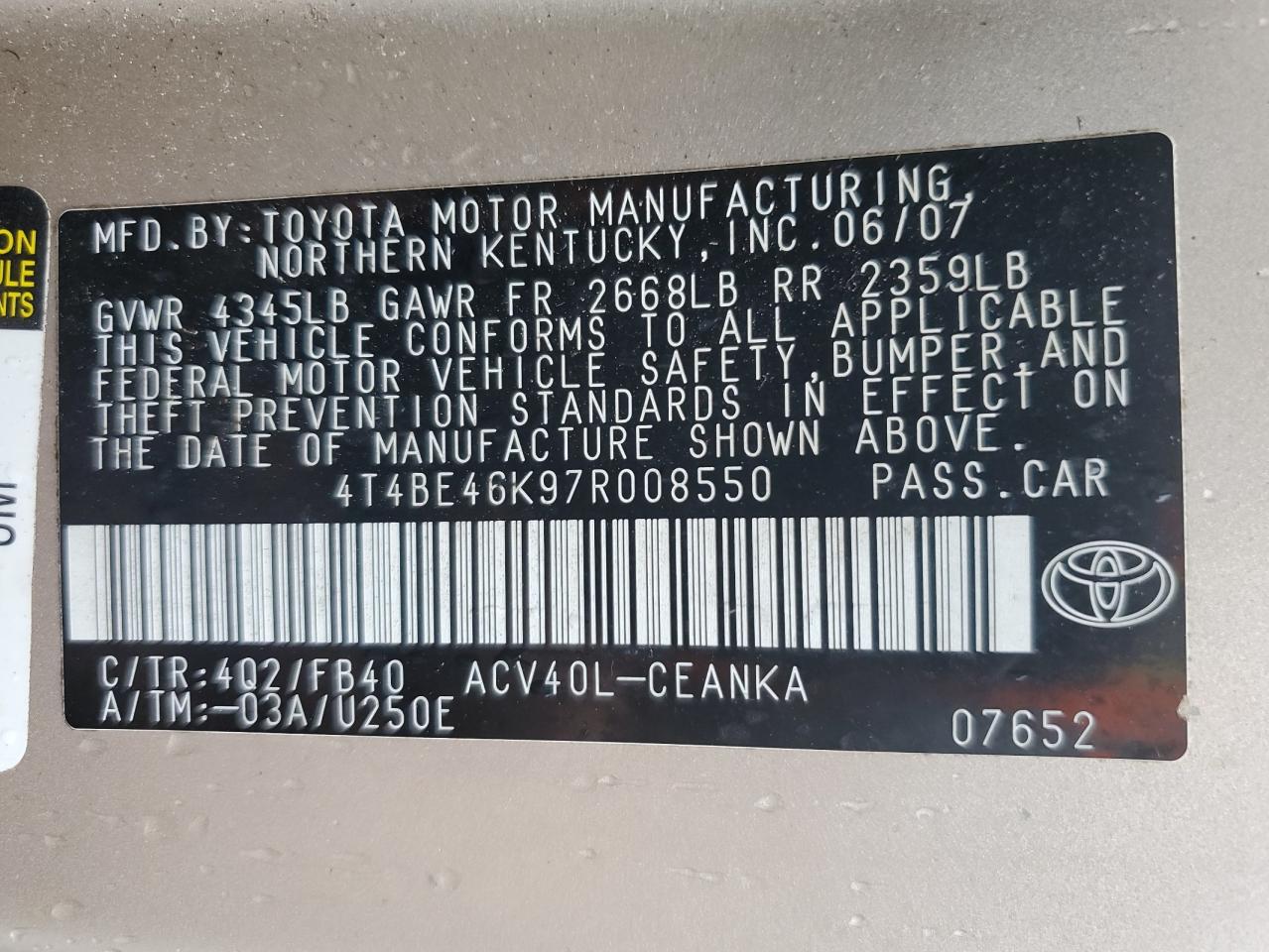 4T4BE46K97R008550 2007 Toyota Camry Ce