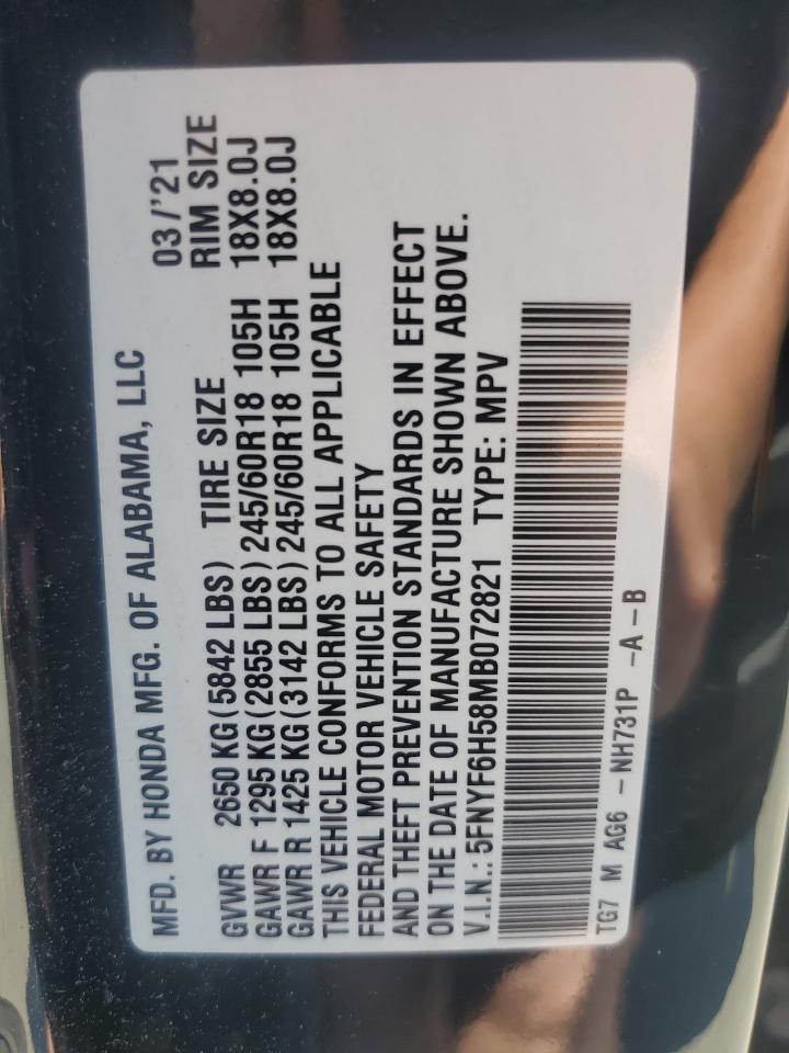2021 Honda Pilot Exl VIN: 5FNYF6H58MB072821 Lot: 62101684