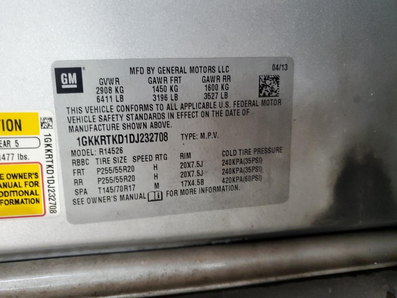 2013 GMC Acadia Denali VIN: 1GKKRTKD1DJ232708 Lot: 64634324