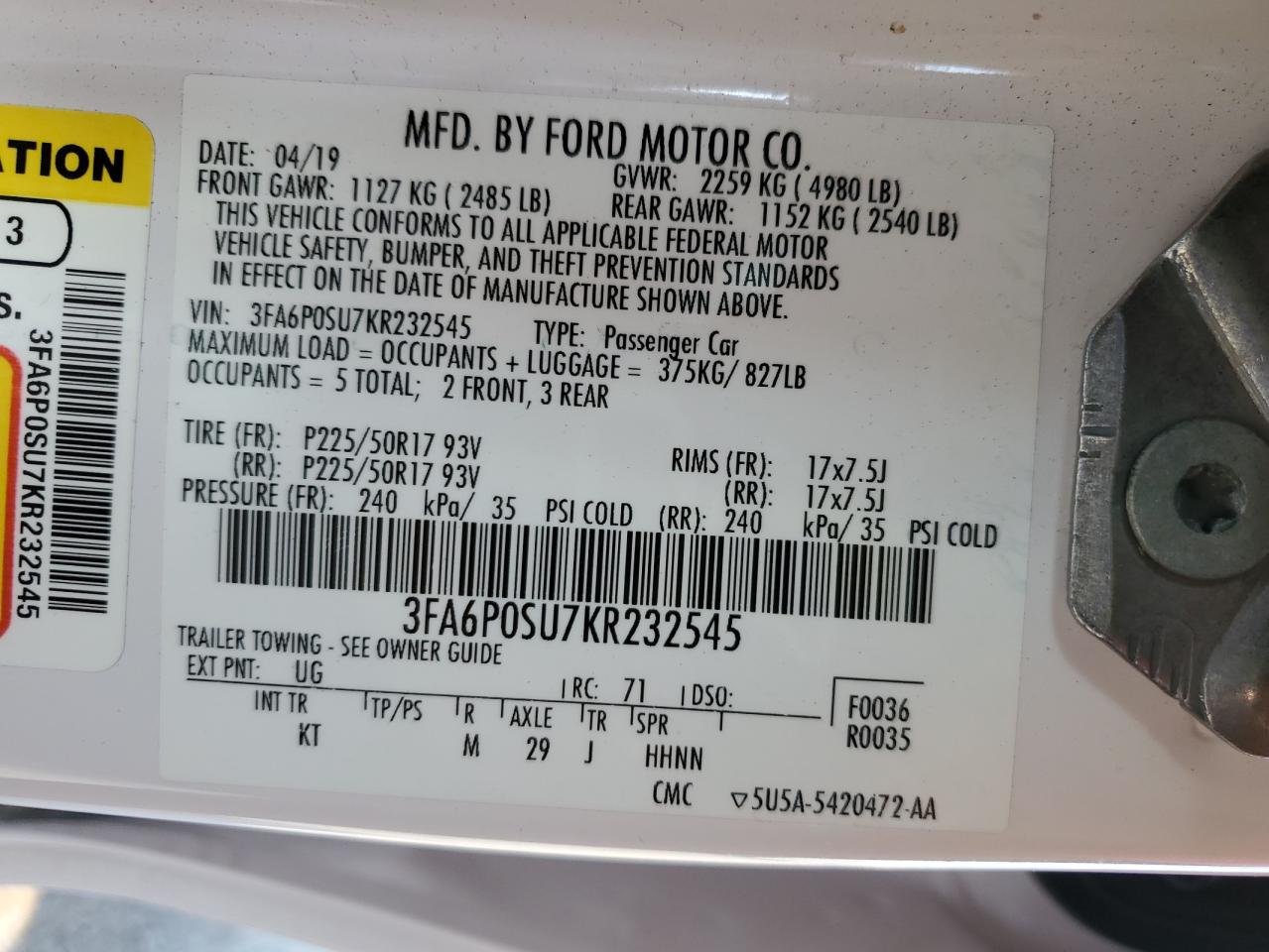 3FA6P0SU7KR232545 2019 Ford Fusion Titanium