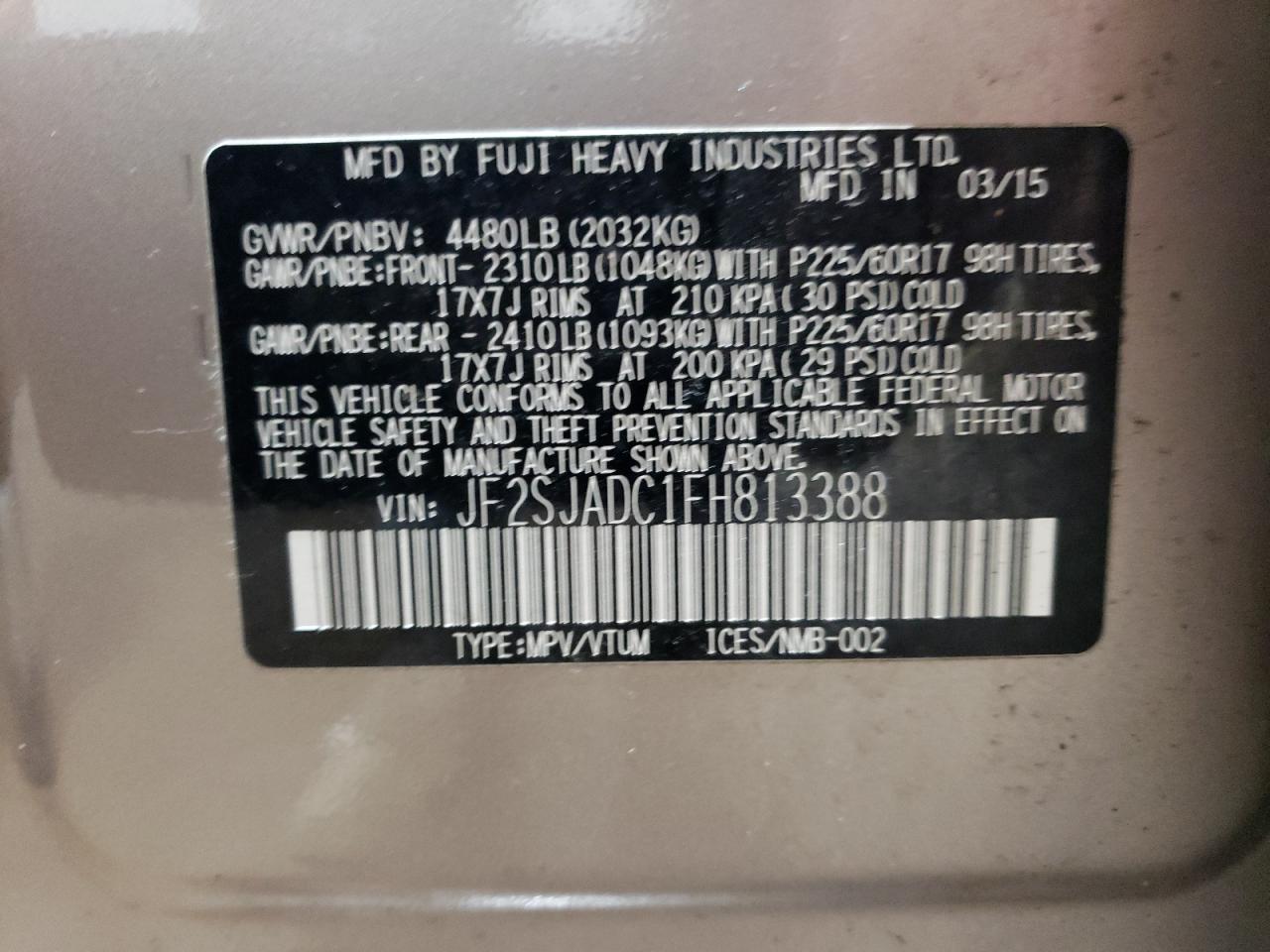 2015 Subaru Forester 2.5I Premium VIN: JF2SJADC1FH813388 Lot: 61075654