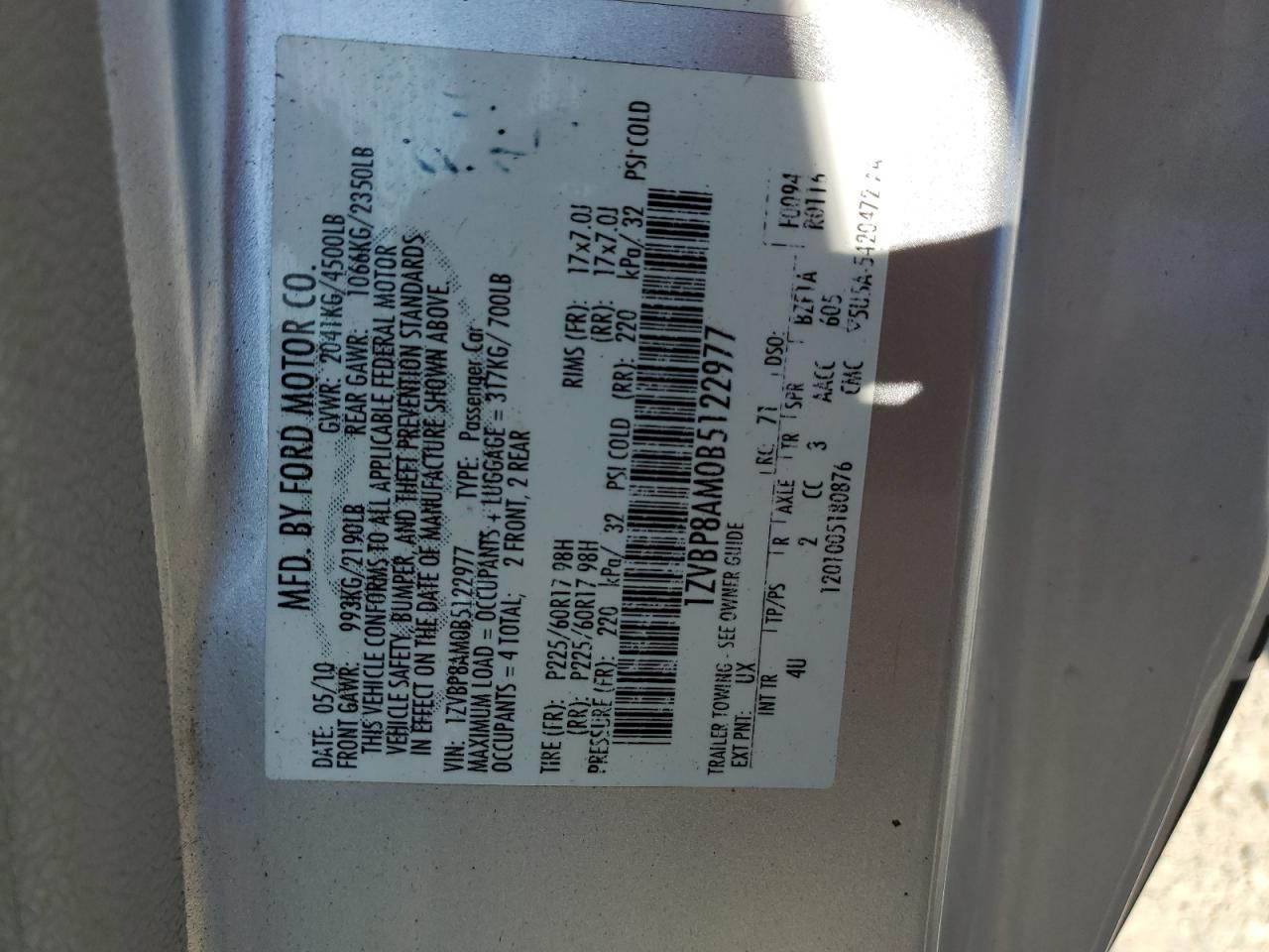 2011 Ford Mustang VIN: 1ZVBP8AM0B5122977 Lot: 64019924