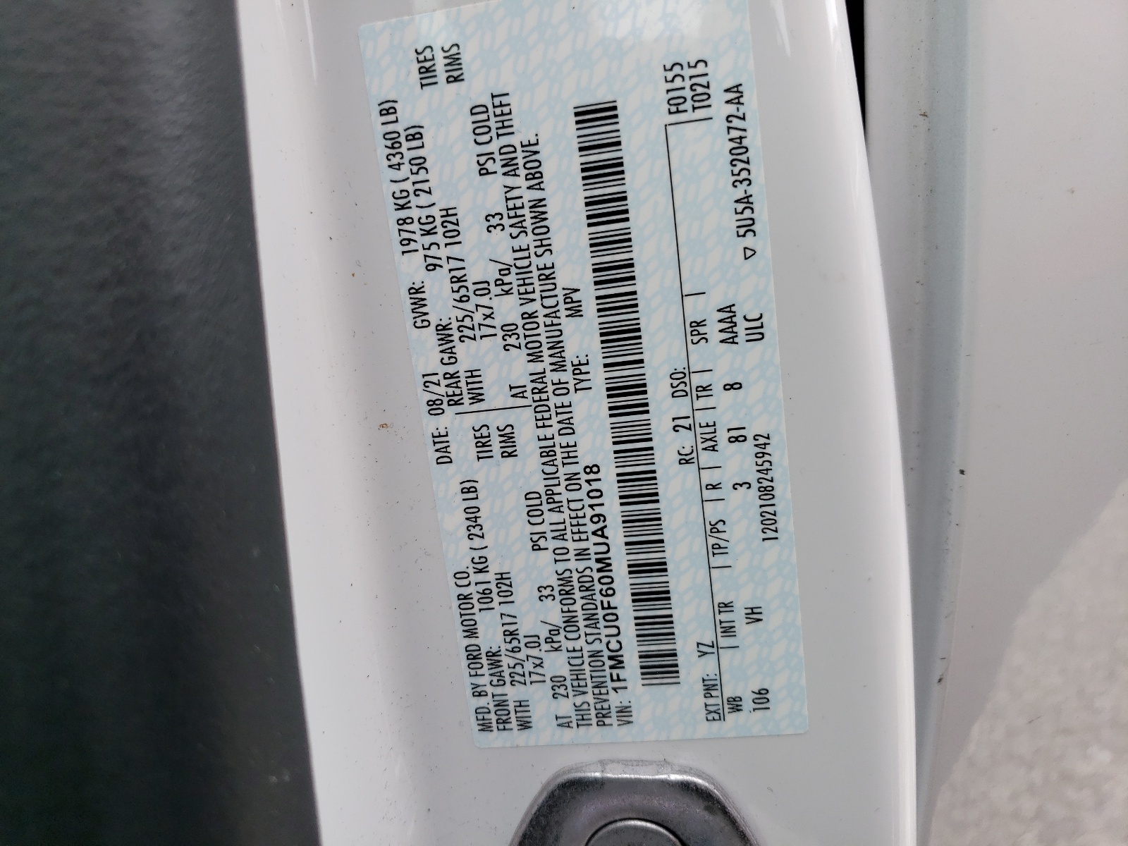 1FMCU0F60MUA91018 2021 Ford Escape S