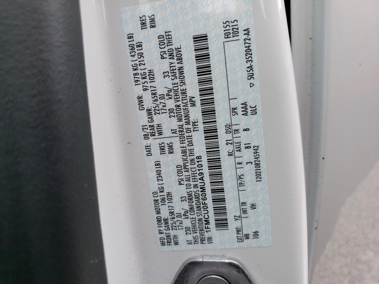 2021 Ford Escape S VIN: 1FMCU0F60MUA91018 Lot: 62928044