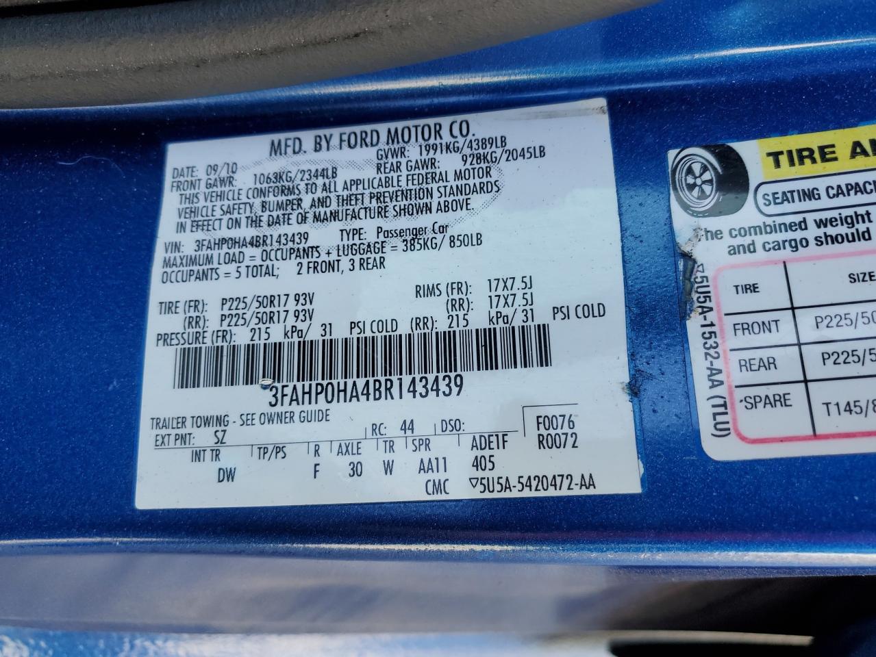 2011 Ford Fusion Se VIN: 3FAHP0HA4BR143439 Lot: 64780464