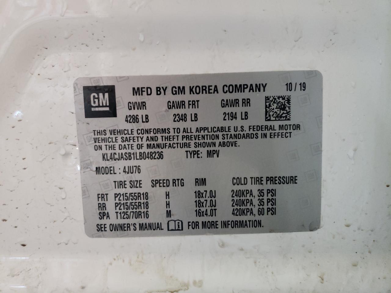 2020 Buick Encore Preferred VIN: KL4CJASB1LB048236 Lot: 62295934