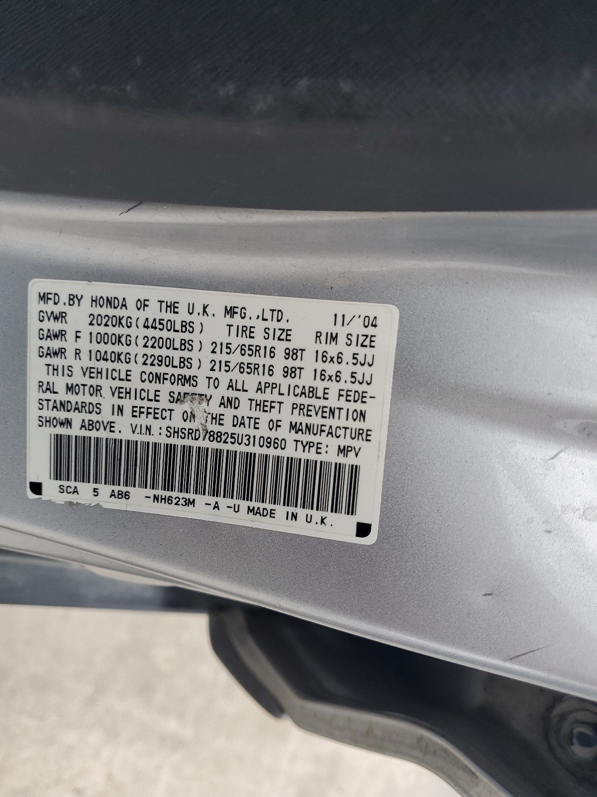 SHSRD78825U310960 2005 Honda Cr-V Ex