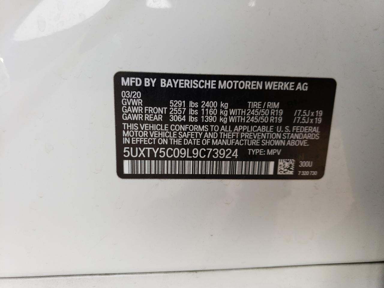 2020 BMW X3 xDrive30I VIN: 5UXTY5C09L9C73924 Lot: 62842374