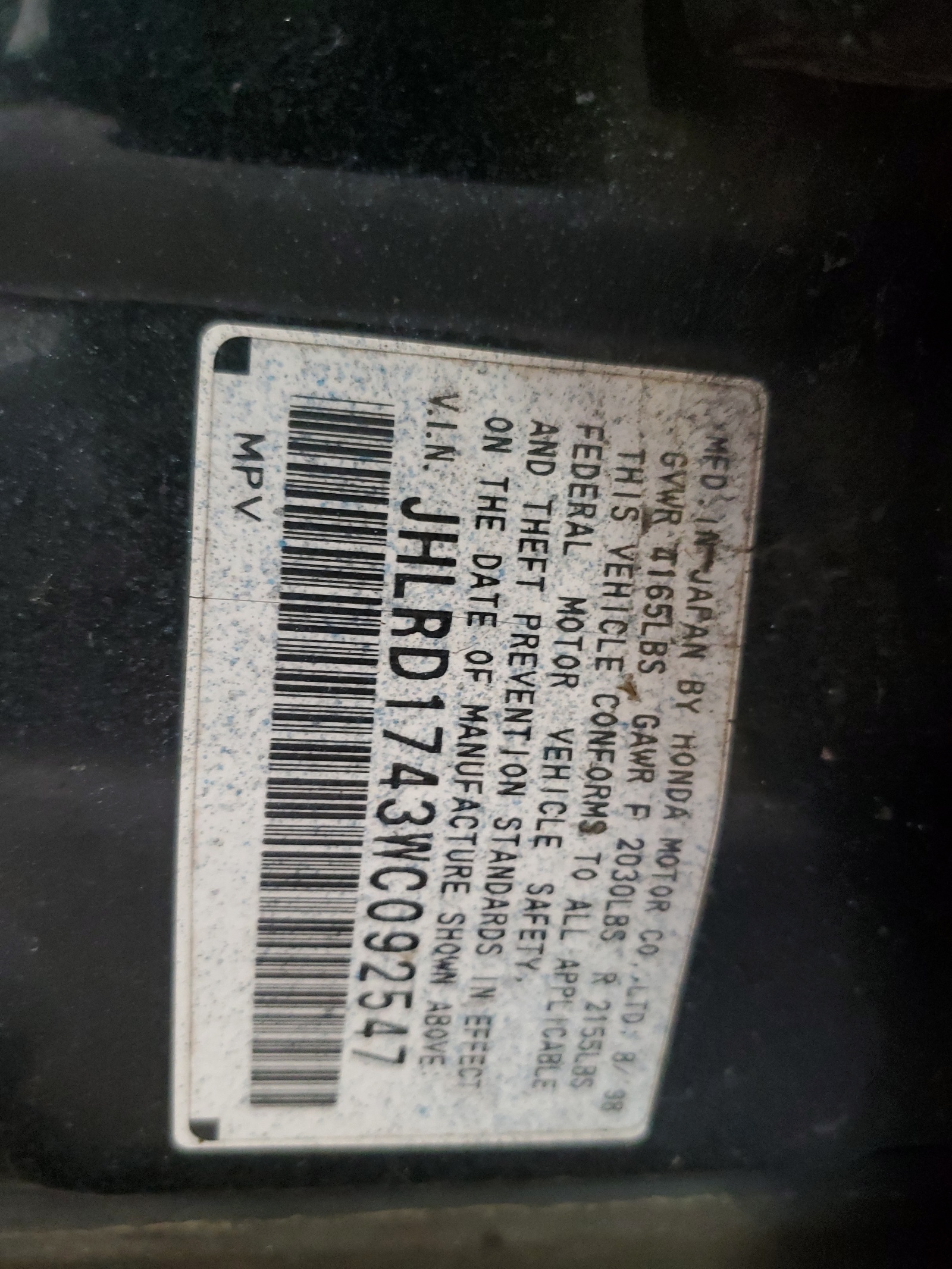 JHLRD1743WC092547 1998 Honda Cr-V Lx