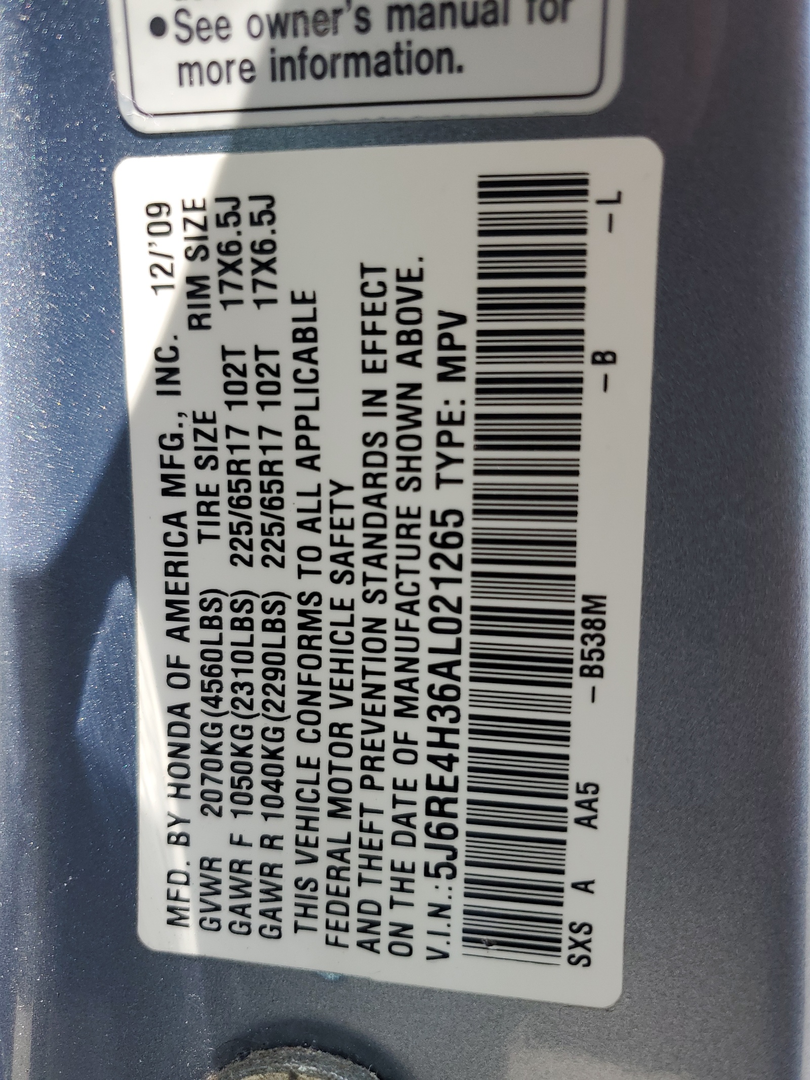 5J6RE4H36AL021265 2010 Honda Cr-V Lx