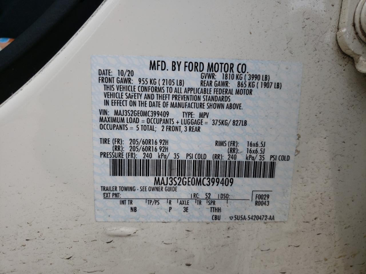 MAJ3S2GE0MC399409 2021 Ford Ecosport Se