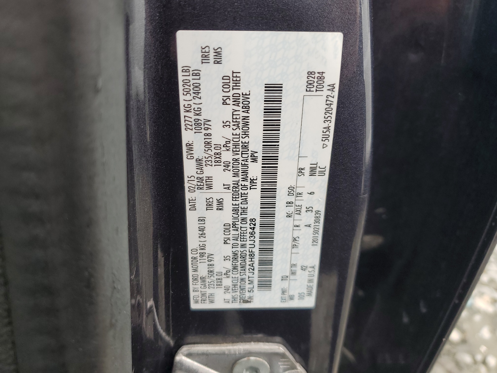 5LMTJ2AH8FUJ36428 2015 Lincoln Mkc