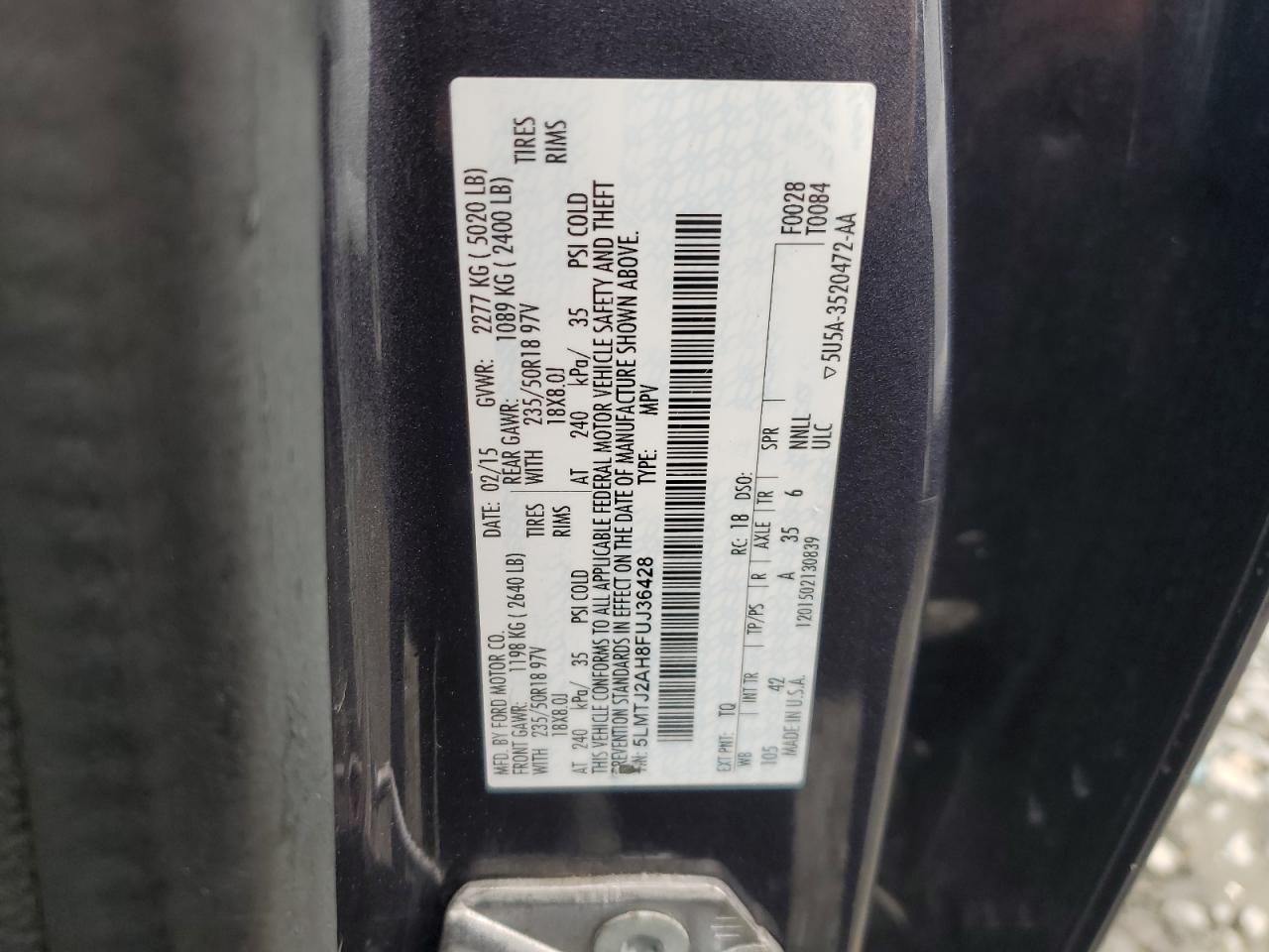 2015 Lincoln Mkc VIN: 5LMTJ2AH8FUJ36428 Lot: 62932864