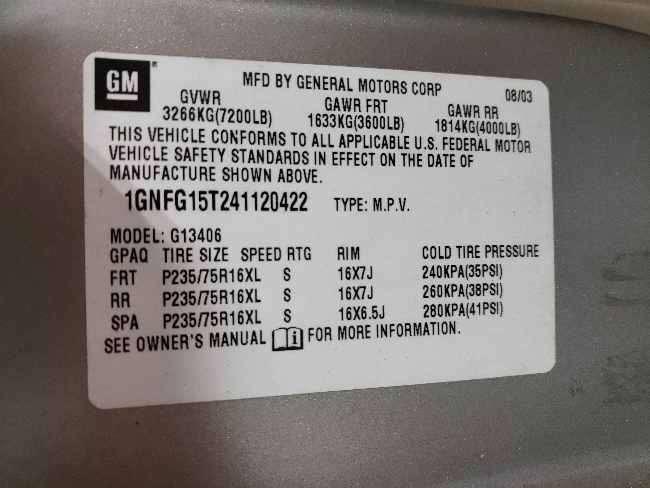 1GNFG15T241120422 2004 Chevrolet Express G1500