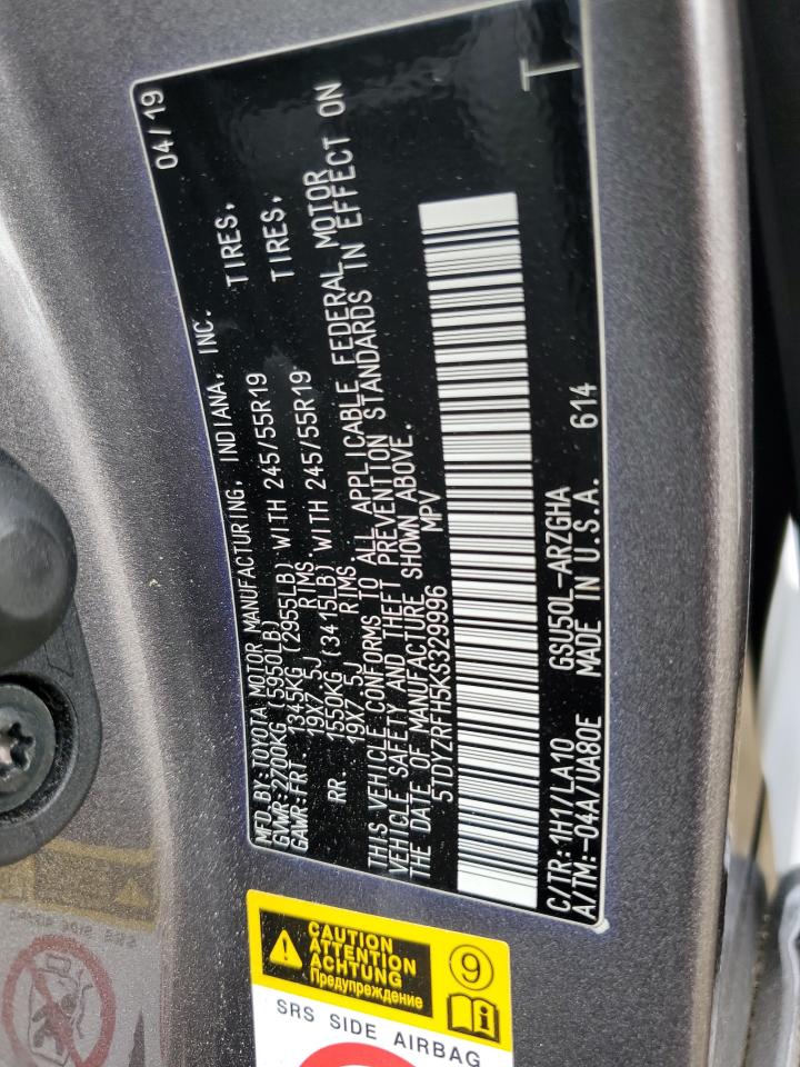 2019 Toyota Highlander Limited VIN: 5TDYZRFH5KS329996 Lot: 62038864