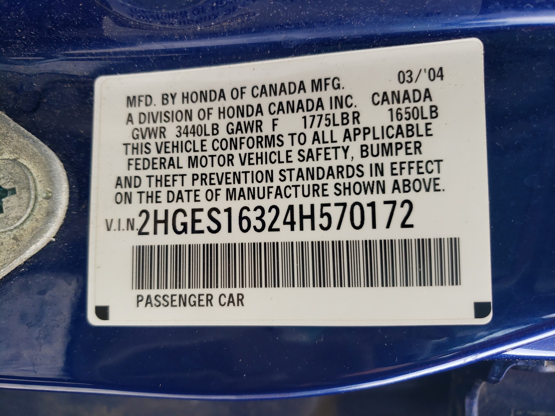 2HGES16324H570172 2004 Honda Civic Dx Vp