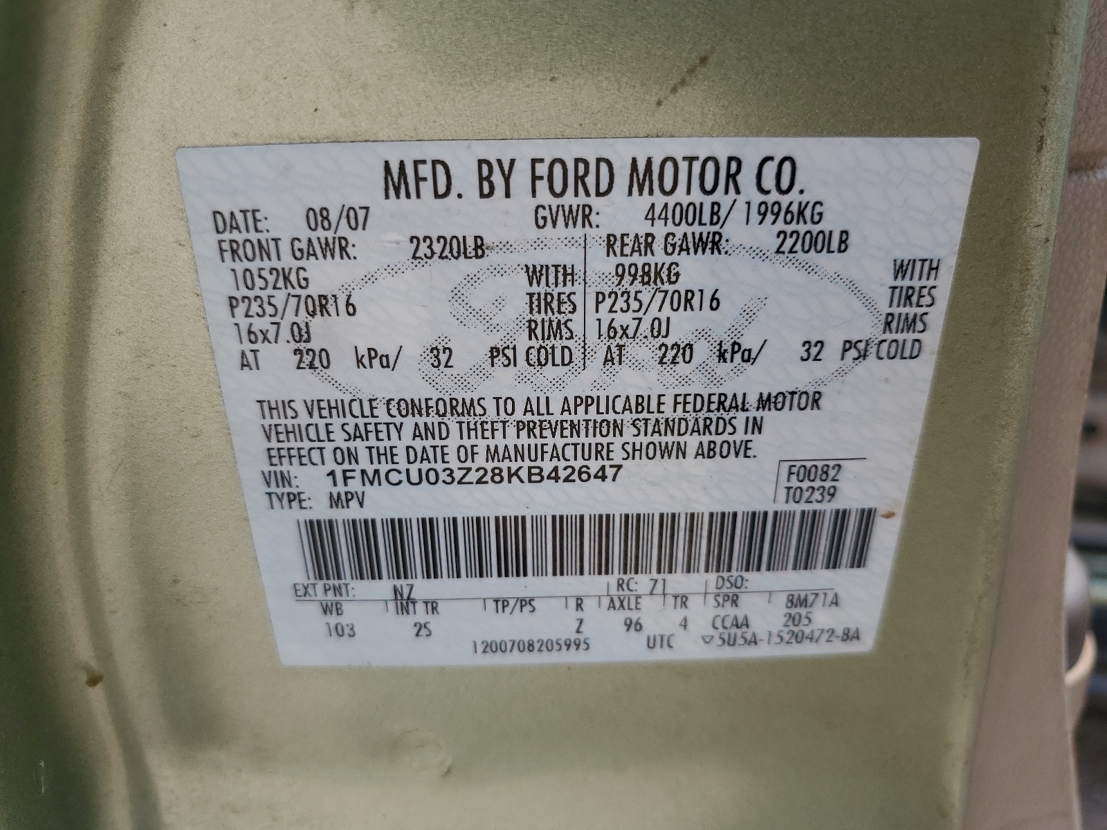 1FMCU03Z28KB42647 2008 Ford Escape Xlt