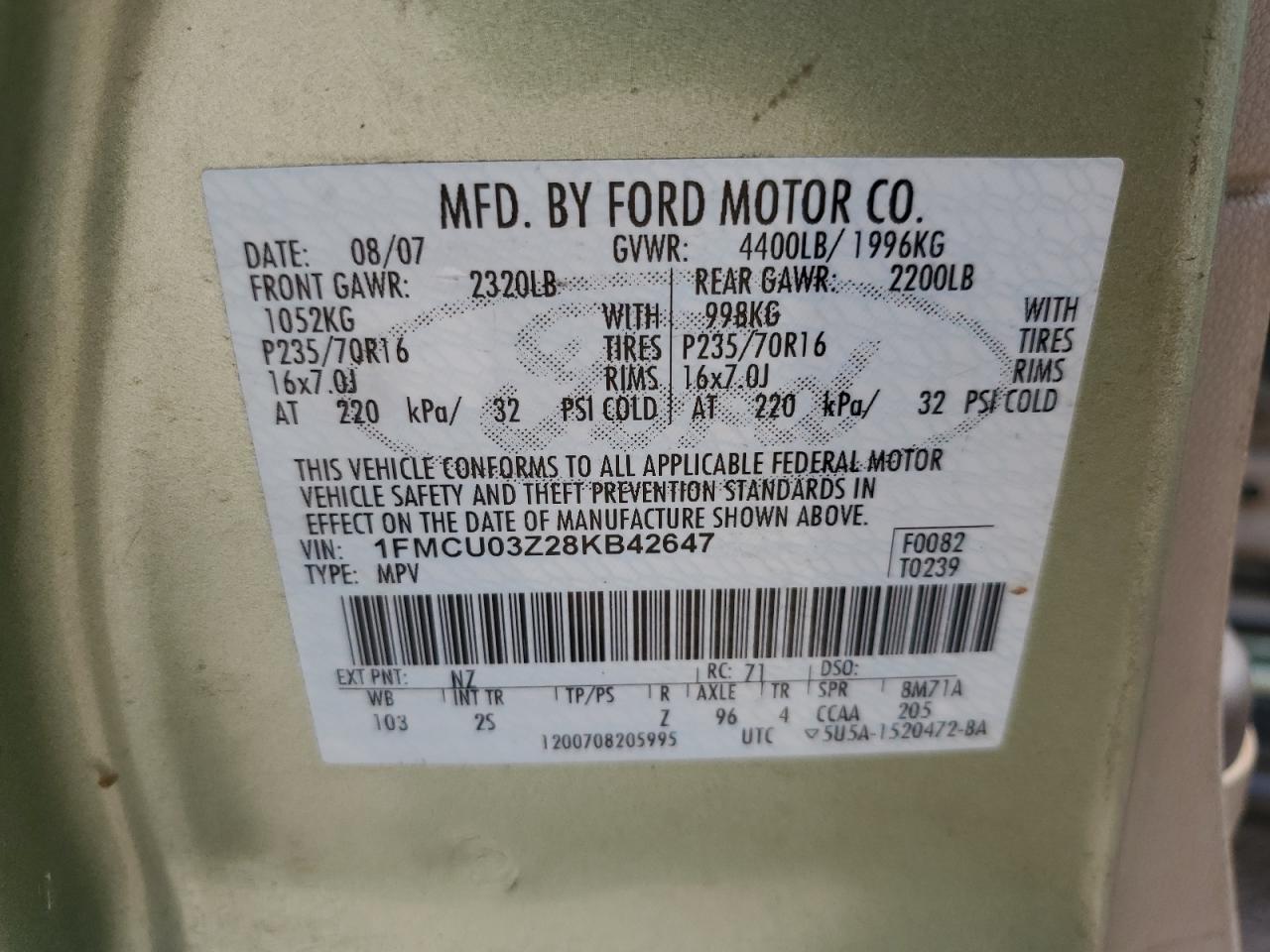 2008 Ford Escape Xlt VIN: 1FMCU03Z28KB42647 Lot: 65041874