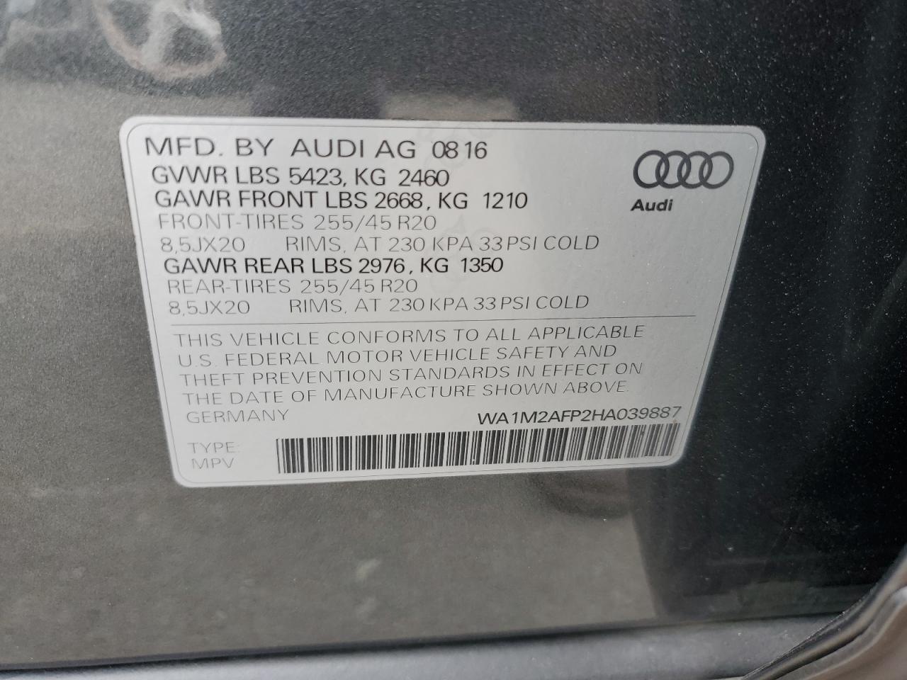 2017 Audi Q5 Premium Plus VIN: WA1M2AFP2HA039887 Lot: 64999954