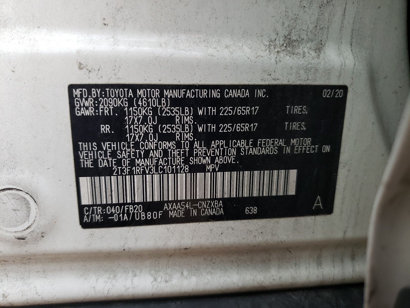 2T3F1RFV3LC101128 2020 Toyota Rav4 Le