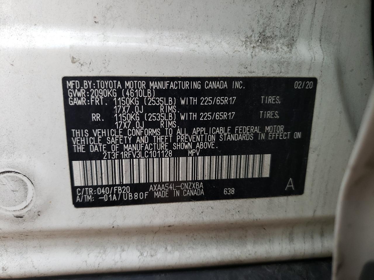 2020 Toyota Rav4 Le VIN: 2T3F1RFV3LC101128 Lot: 64212594