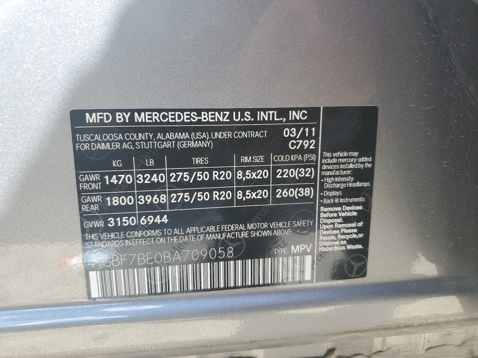 4JGBF7BE0BA709058 2011 Mercedes-Benz Gl 450 4Matic