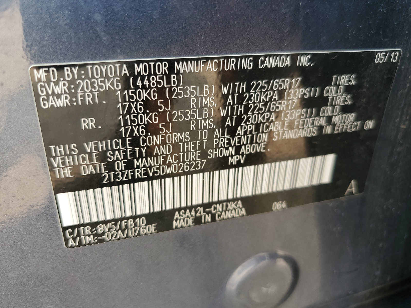 2T3ZFREV5DW026237 2013 Toyota Rav4 Le