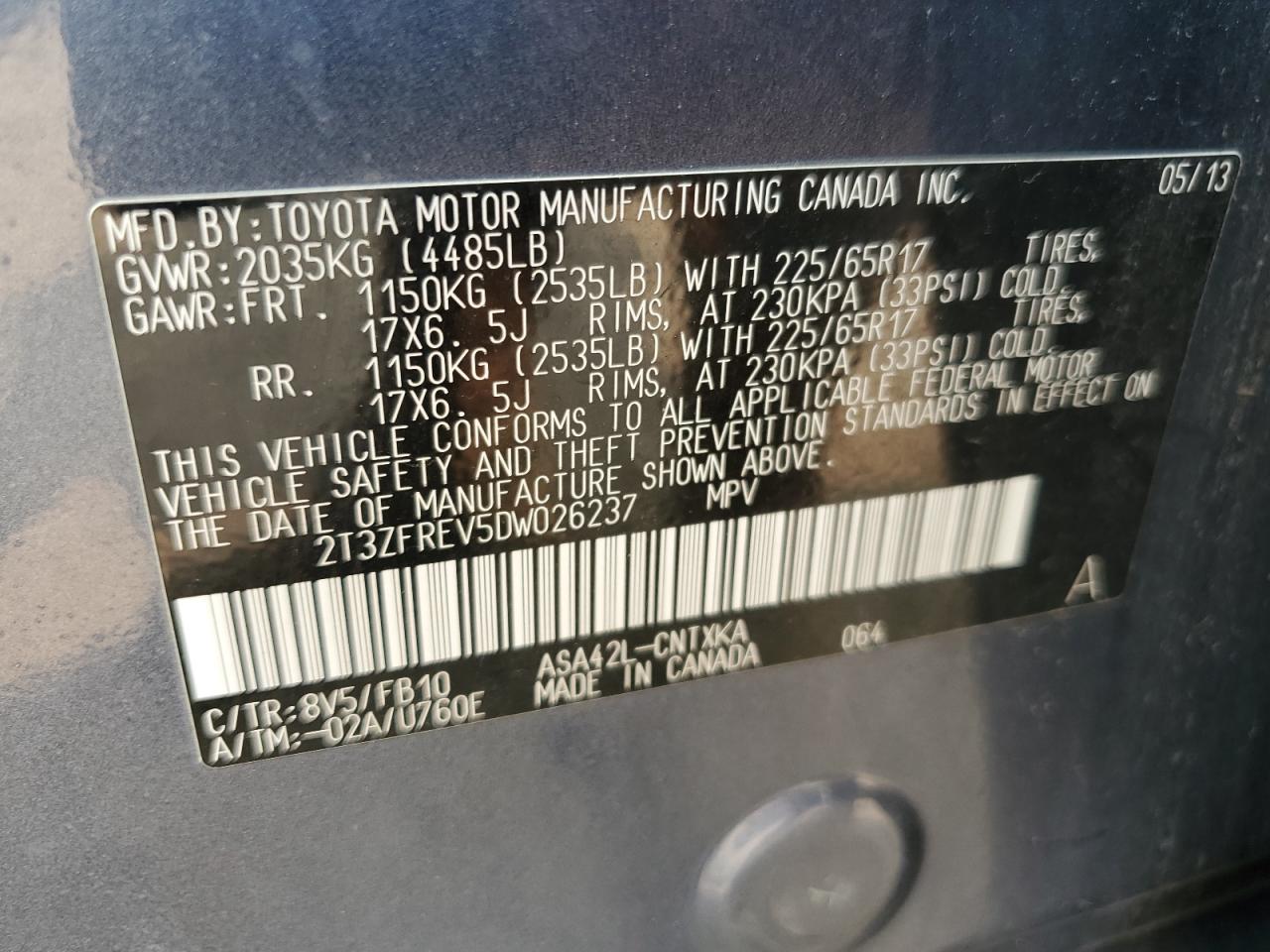 2013 Toyota Rav4 Le VIN: 2T3ZFREV5DW026237 Lot: 63992404